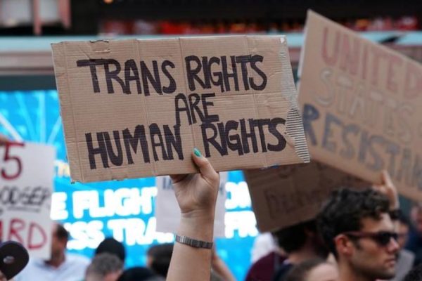 A hand holds a protest sign saying 'Trans Rights are Human Rights'