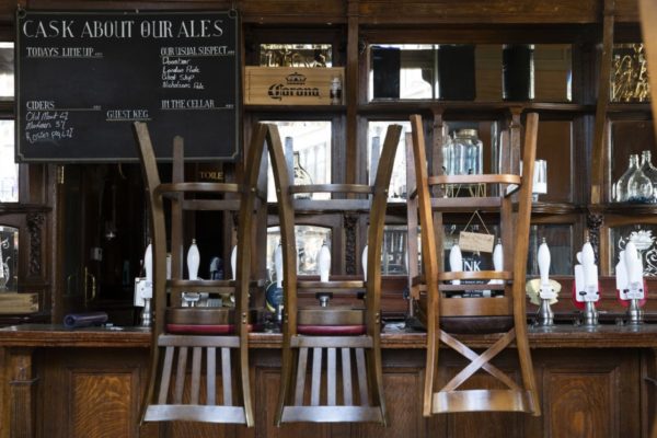 Bar stools stacked on closed bar.